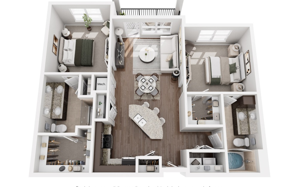 B2 2 bed floor plan with dark cabinets