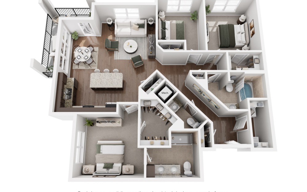 C2 - 3 bedroom floor plan image  Amelia at Westshore 3-Bedroom Apartments in Tampa